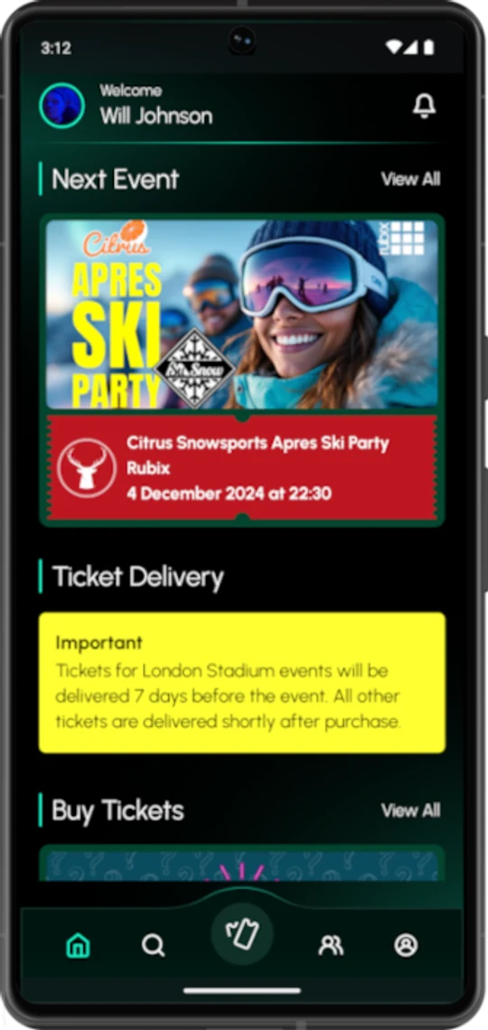 The TX.IS home screen showing the next event and a message to ticket holders