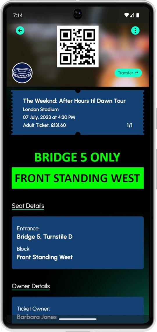 A TX.IS ticket with a QR code, event details and a Transfer button