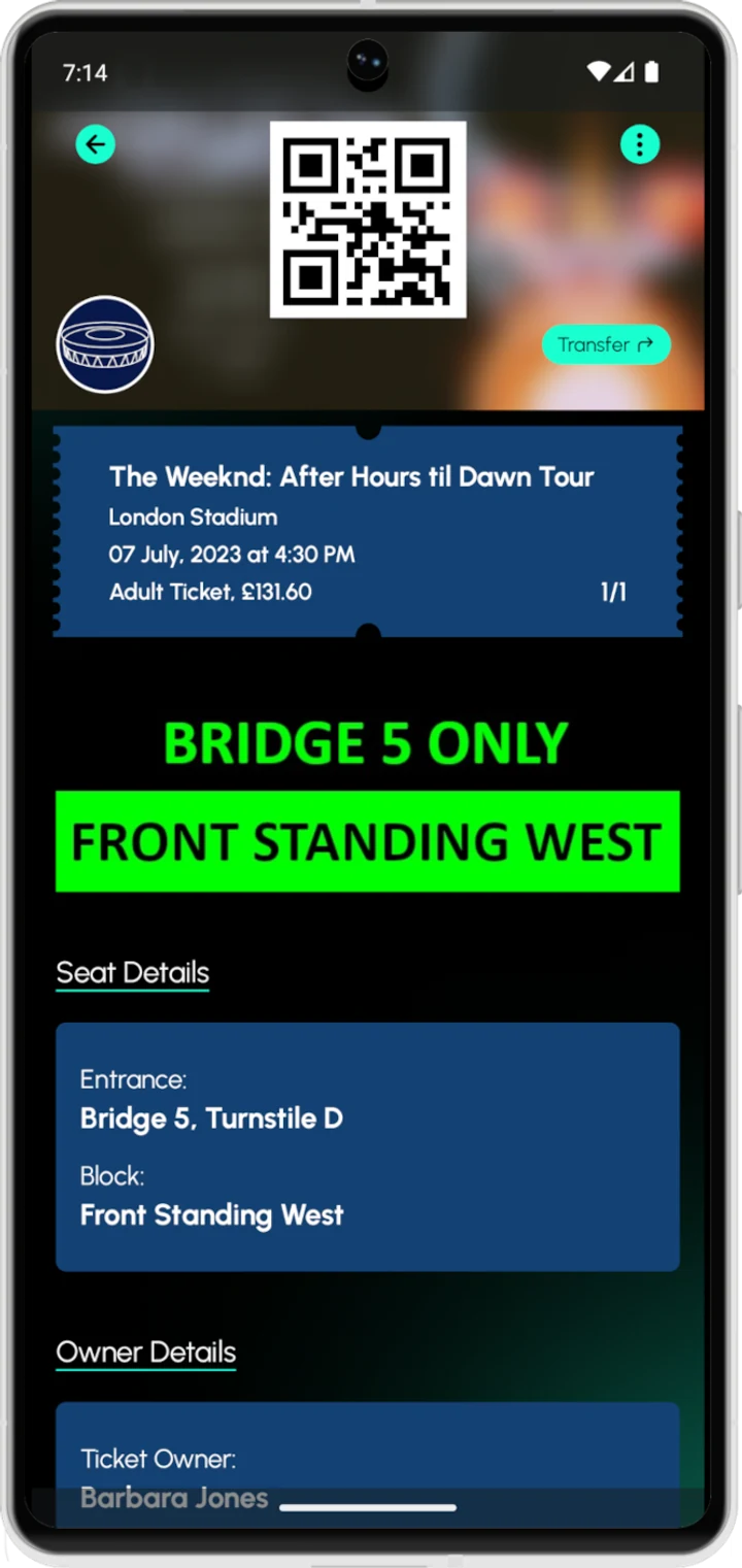 A TX.IS ticket with QR code, entrance and block details